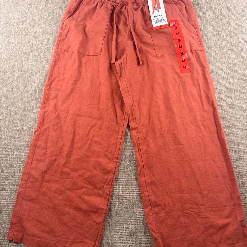 ROXY Womens Linen Blend Crop Pants Rust Red Wide Leg Medium NWT
